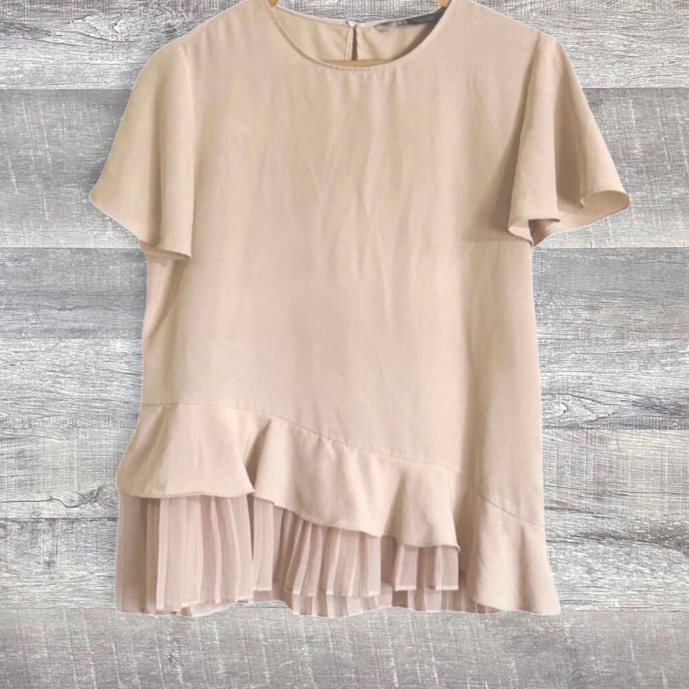 Zara Short Flutter Sleeve Blouse Womens M Pleated Ruffle Hem Beige Chiffon Flowy